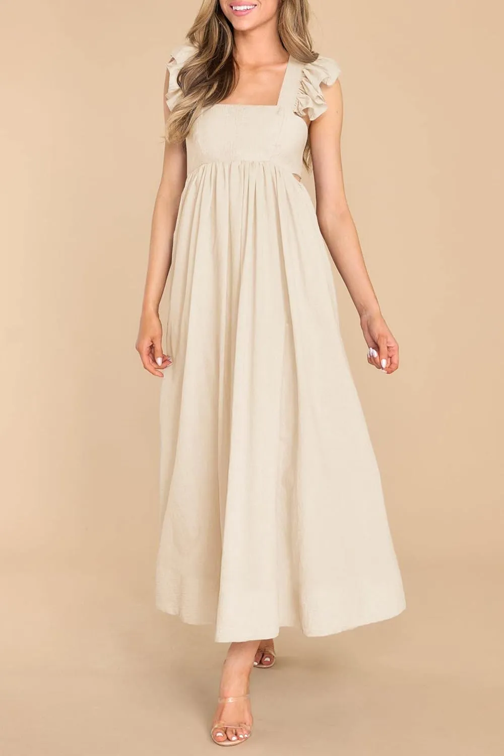MITILLY Women's Summer Flutter Sleeve Square Neck Tie Back Casual Pleated A-Line Flowy Maxi Dress with Pockets