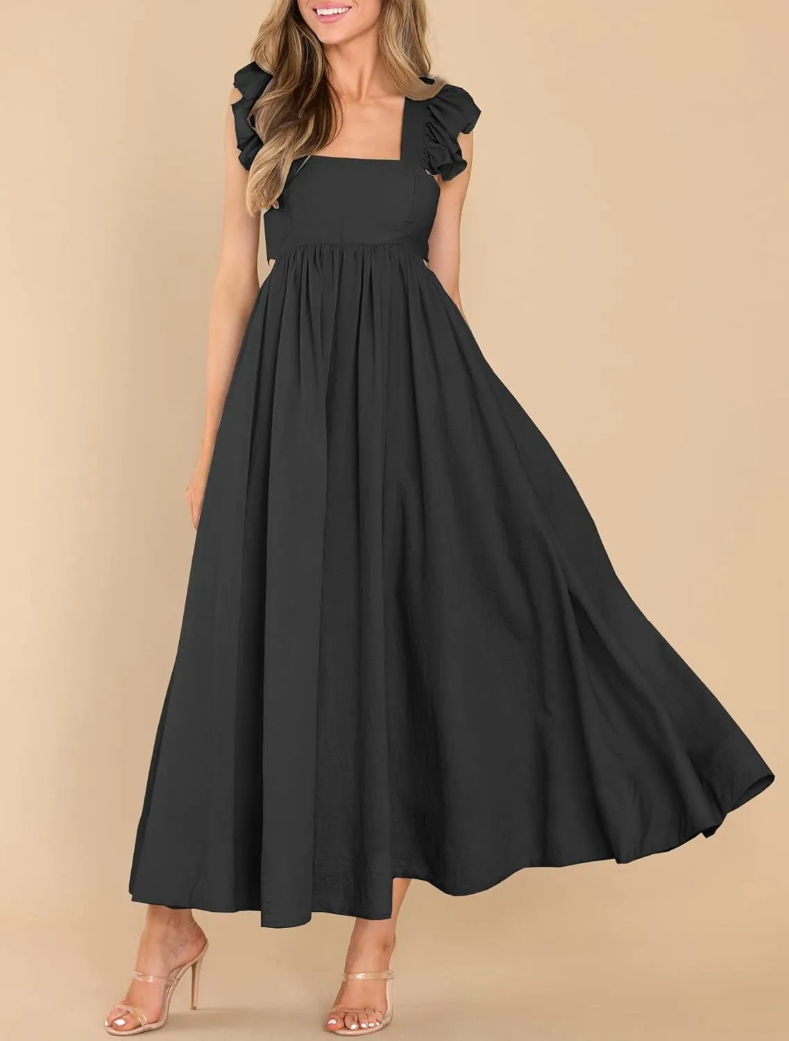 MITILLY Women's Summer Flutter Sleeve Square Neck Tie Back Casual Pleated A-Line Flowy Maxi Dress with Pockets