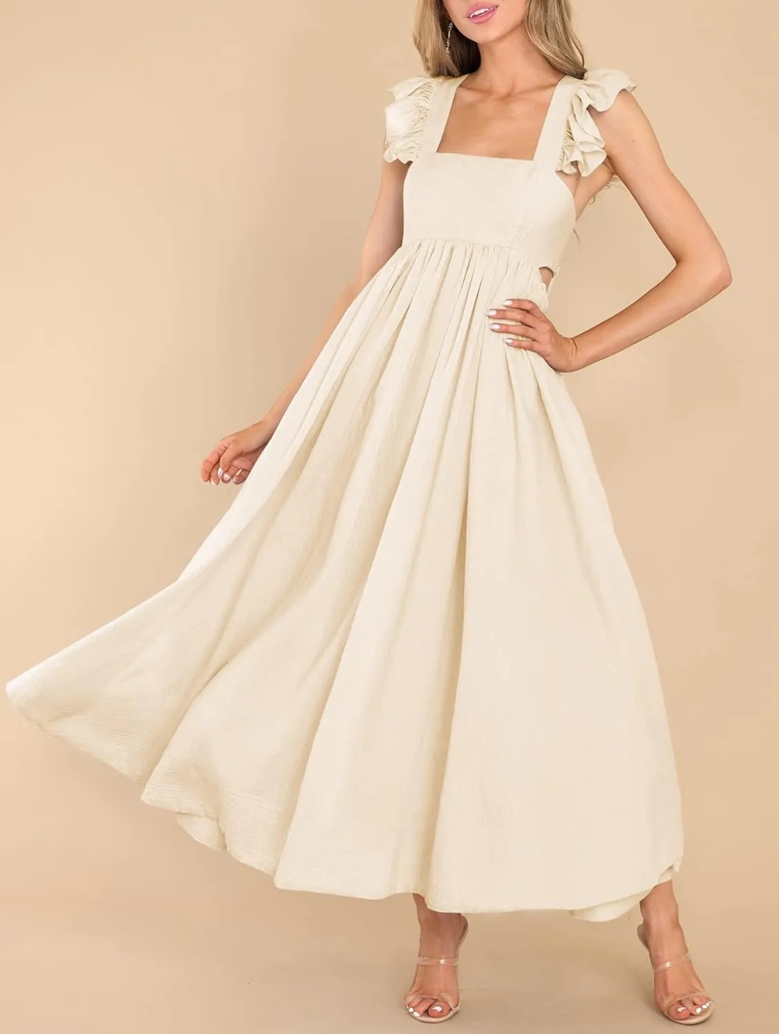 MITILLY Women's Summer Flutter Sleeve Square Neck Tie Back Casual Pleated A-Line Flowy Maxi Dress with Pockets