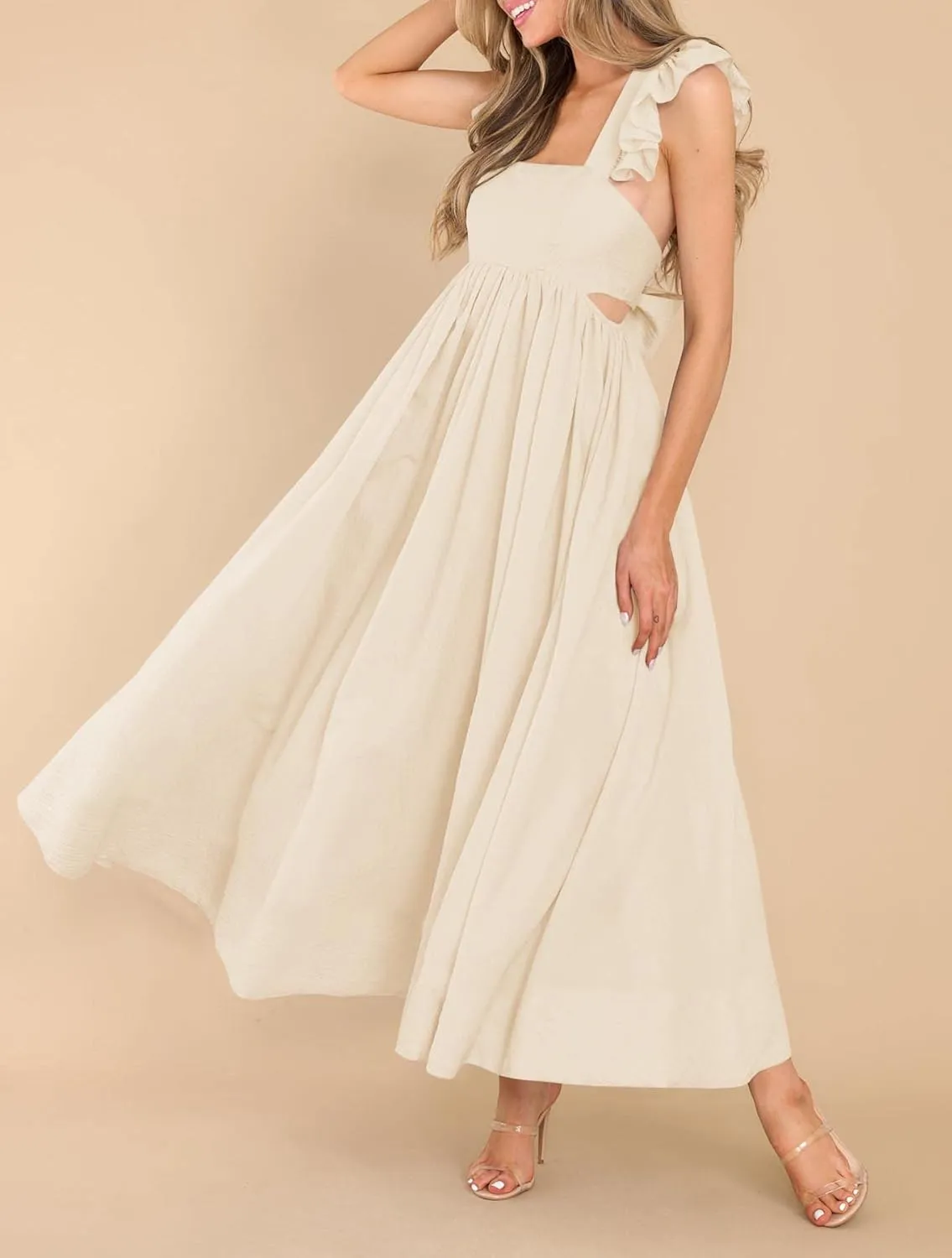 MITILLY Women's Summer Flutter Sleeve Square Neck Tie Back Casual Pleated A-Line Flowy Maxi Dress with Pockets