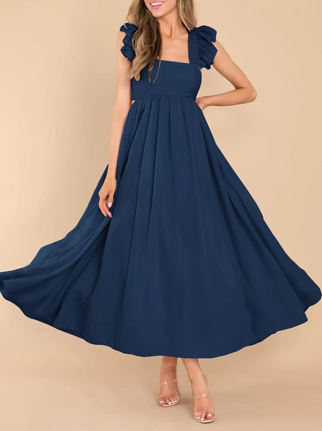 MITILLY Women's Summer Flutter Sleeve Square Neck Tie Back Casual Pleated A-Line Flowy Maxi Dress with Pockets