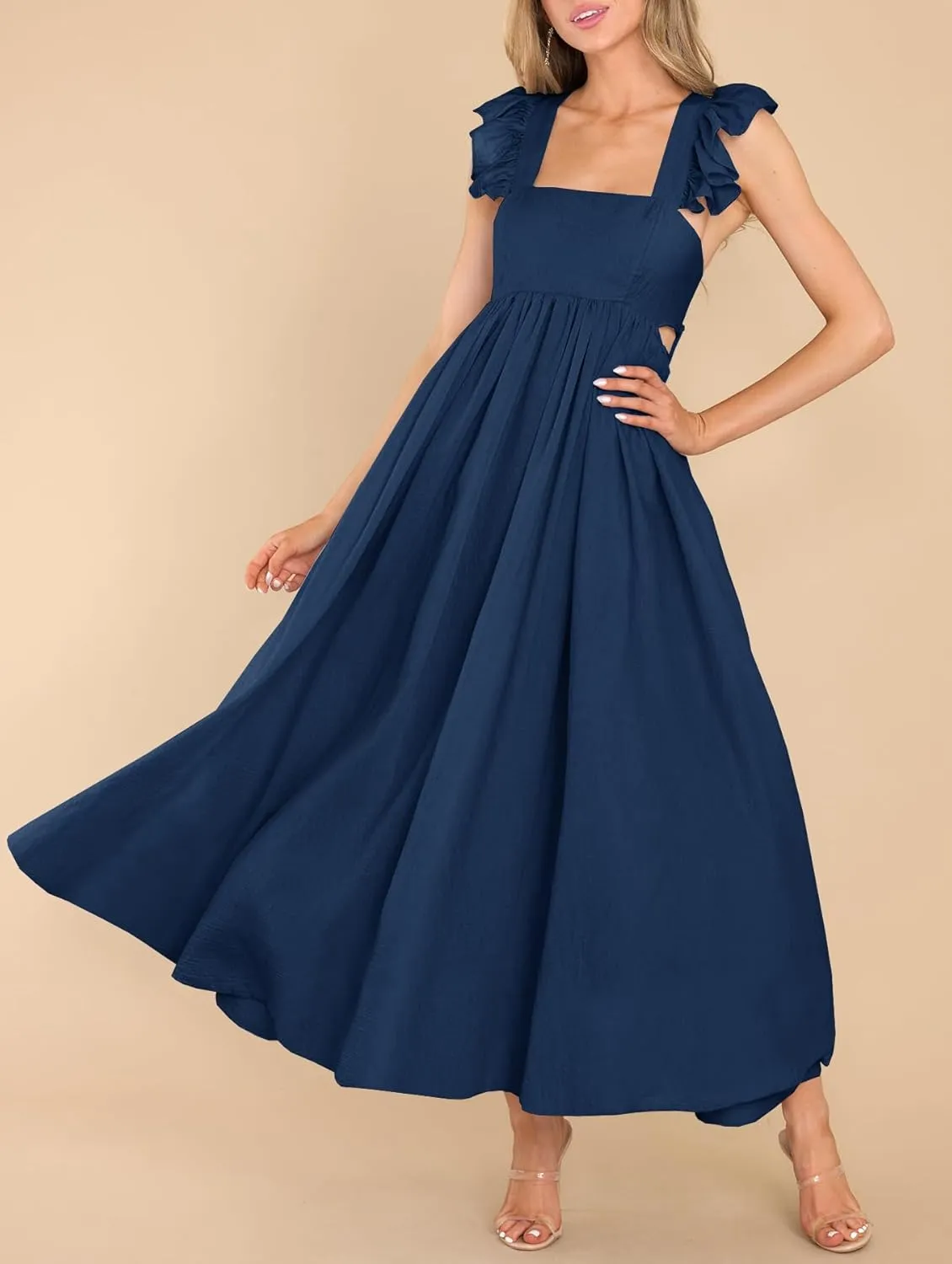 MITILLY Women's Summer Flutter Sleeve Square Neck Tie Back Casual Pleated A-Line Flowy Maxi Dress with Pockets