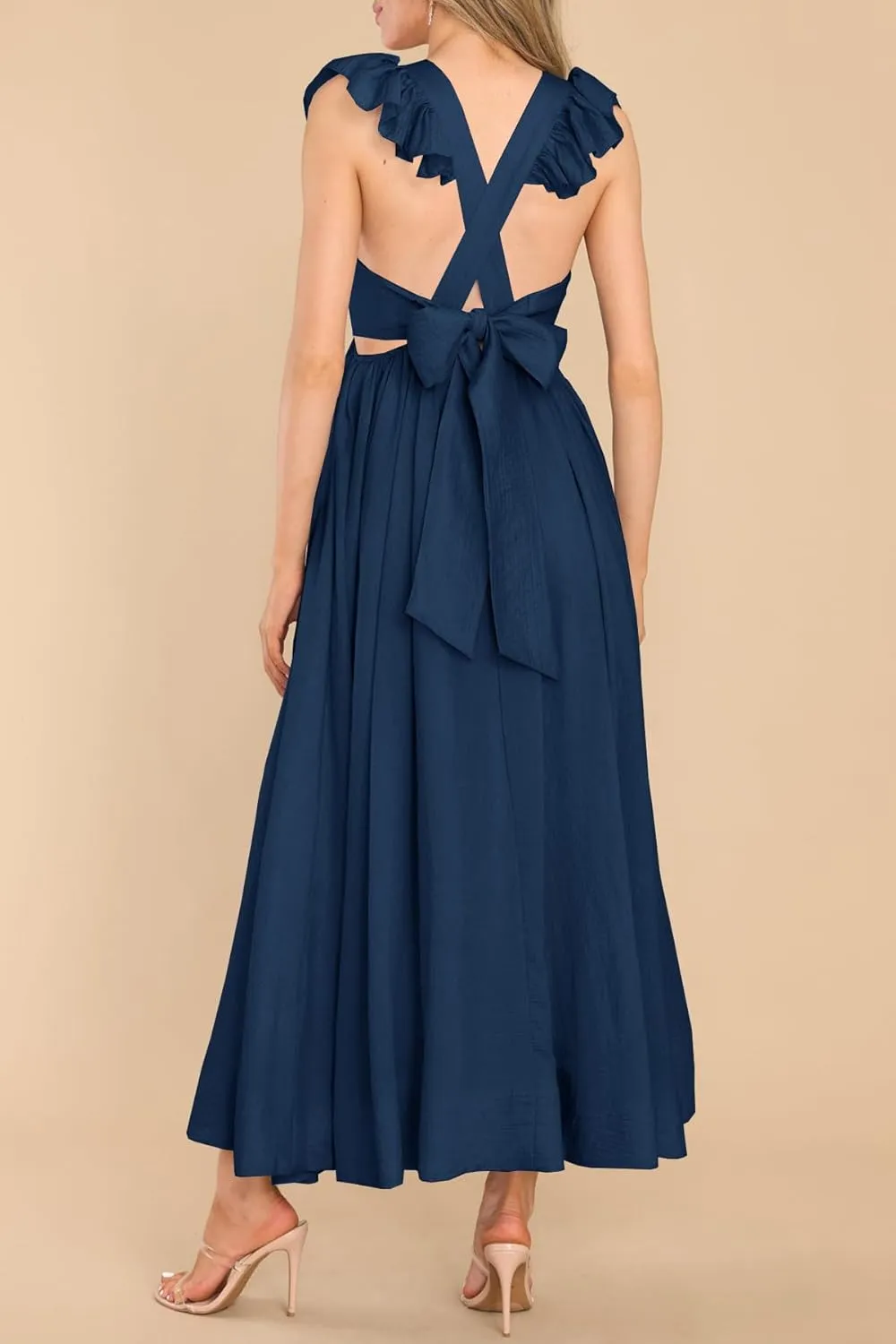 MITILLY Women's Summer Flutter Sleeve Square Neck Tie Back Casual Pleated A-Line Flowy Maxi Dress with Pockets