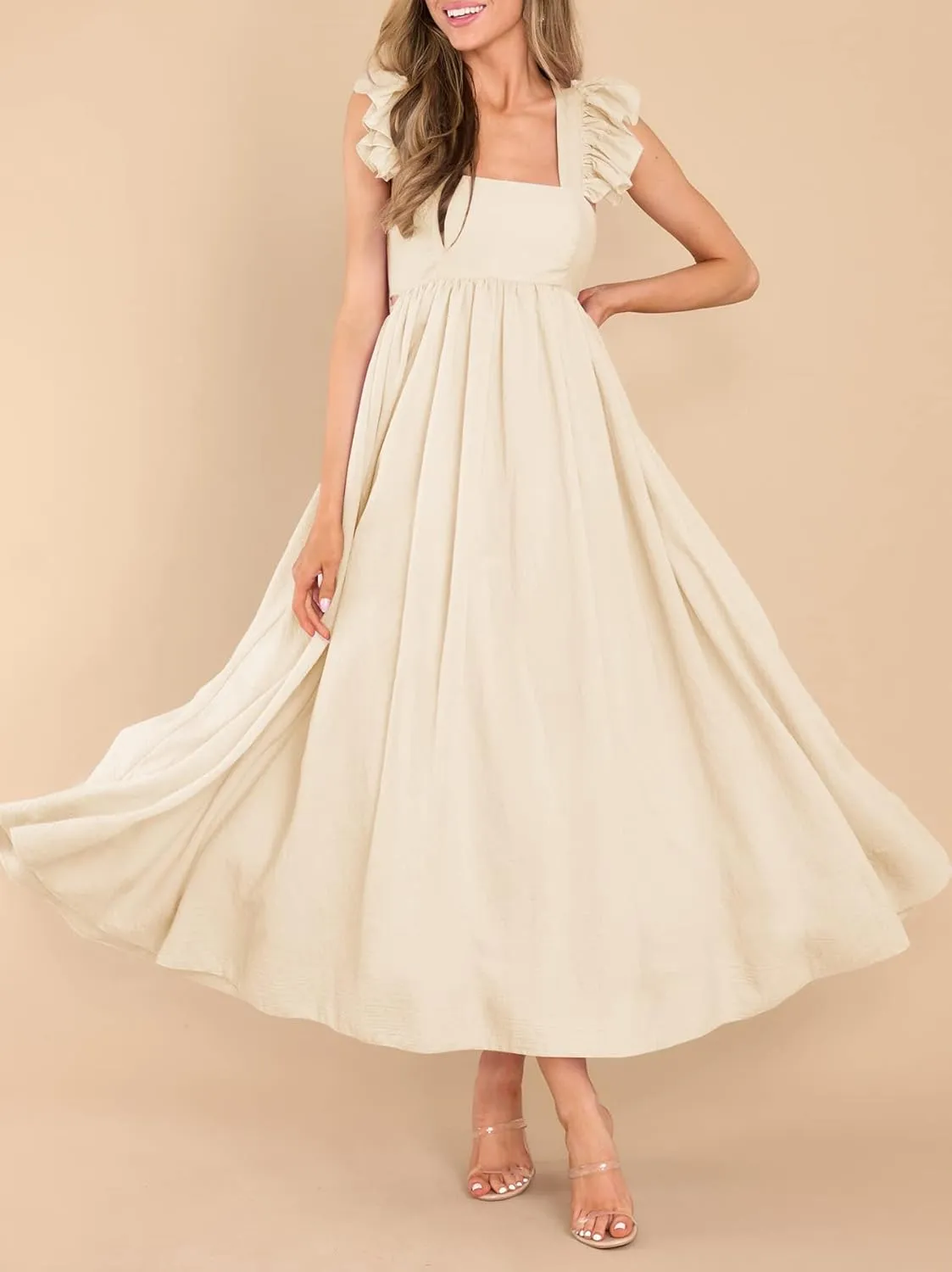 MITILLY Women's Summer Flutter Sleeve Square Neck Tie Back Casual Pleated A-Line Flowy Maxi Dress with Pockets