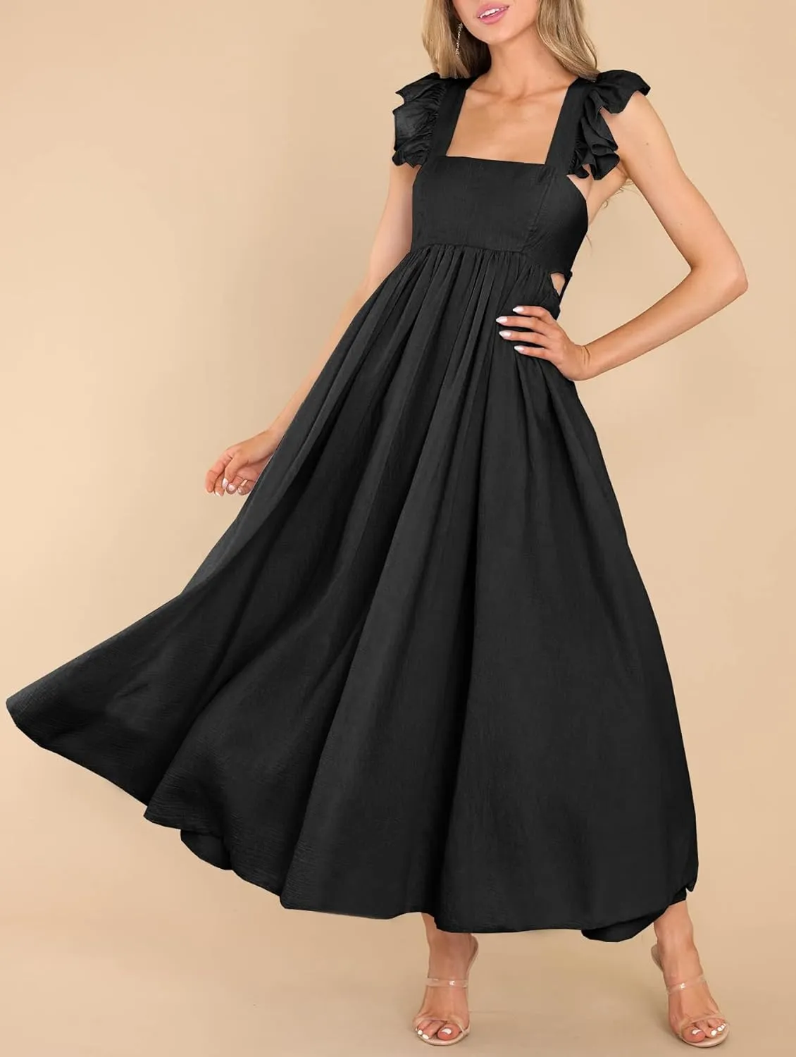 MITILLY Women's Summer Flutter Sleeve Square Neck Tie Back Casual Pleated A-Line Flowy Maxi Dress with Pockets
