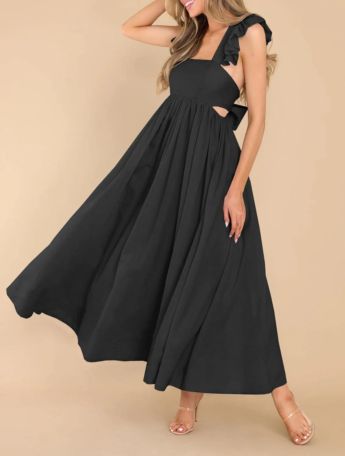 MITILLY Women's Summer Flutter Sleeve Square Neck Tie Back Casual Pleated A-Line Flowy Maxi Dress with Pockets
