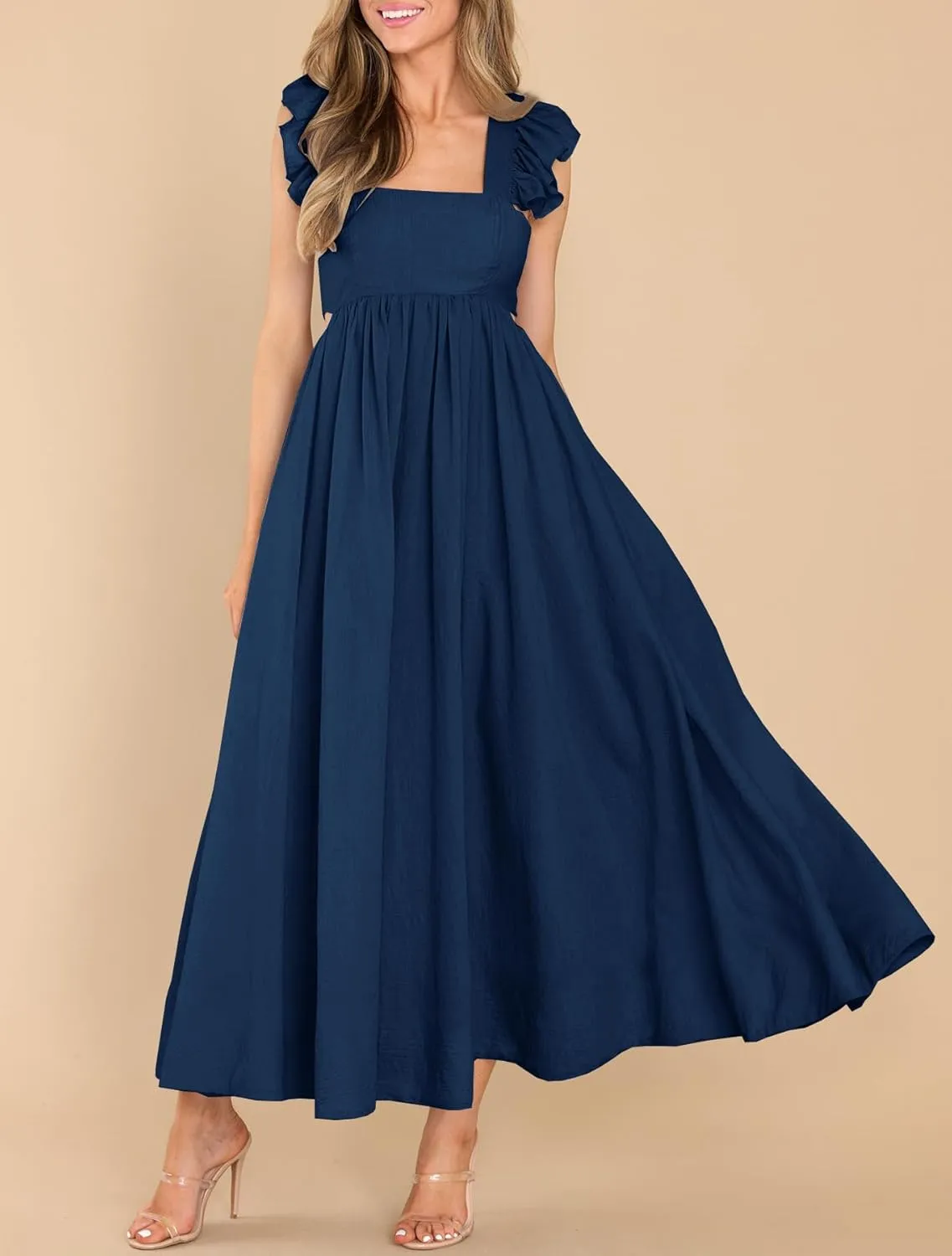 MITILLY Women's Summer Flutter Sleeve Square Neck Tie Back Casual Pleated A-Line Flowy Maxi Dress with Pockets