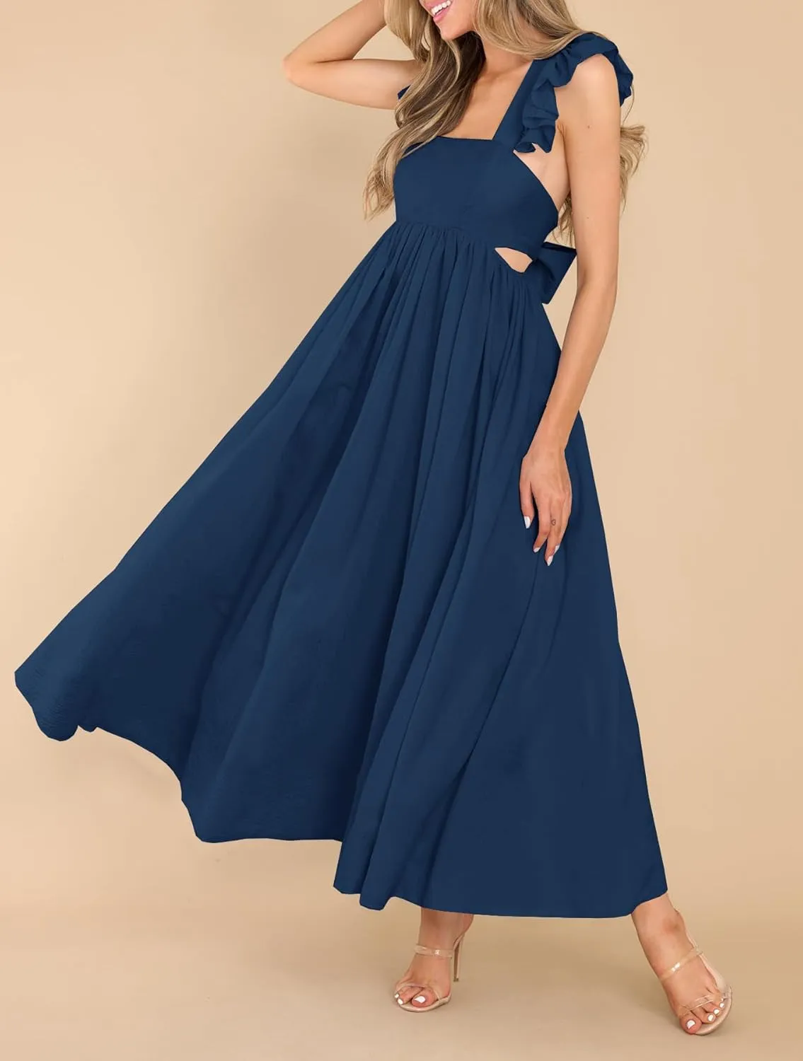 MITILLY Women's Summer Flutter Sleeve Square Neck Tie Back Casual Pleated A-Line Flowy Maxi Dress with Pockets