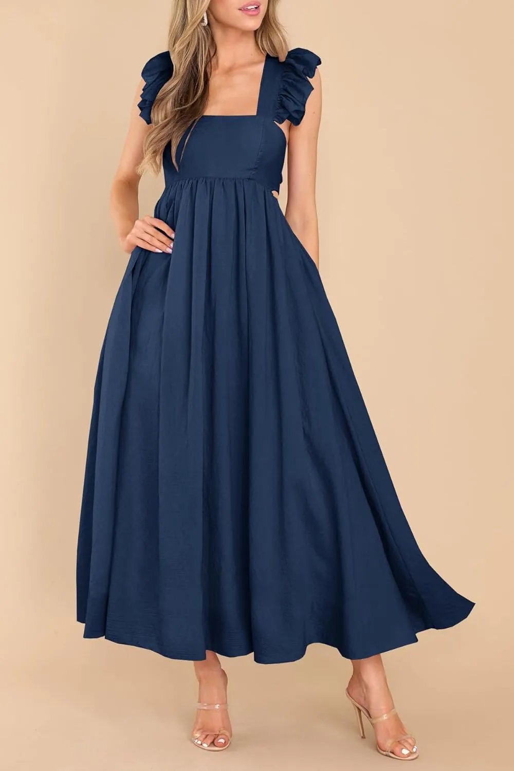 MITILLY Women's Summer Flutter Sleeve Square Neck Tie Back Casual Pleated A-Line Flowy Maxi Dress with Pockets