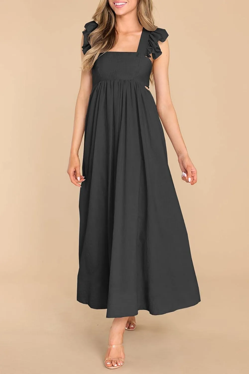 MITILLY Women's Summer Flutter Sleeve Square Neck Tie Back Casual Pleated A-Line Flowy Maxi Dress with Pockets