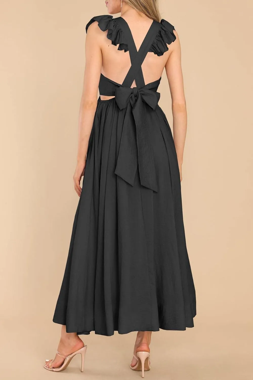 MITILLY Women's Summer Flutter Sleeve Square Neck Tie Back Casual Pleated A-Line Flowy Maxi Dress with Pockets
