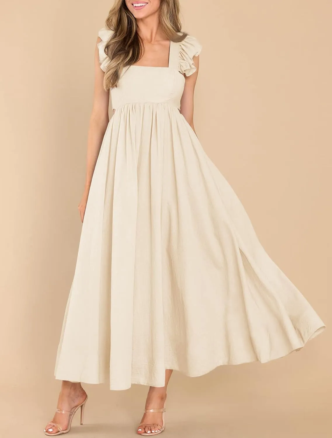 MITILLY Women's Summer Flutter Sleeve Square Neck Tie Back Casual Pleated A-Line Flowy Maxi Dress with Pockets