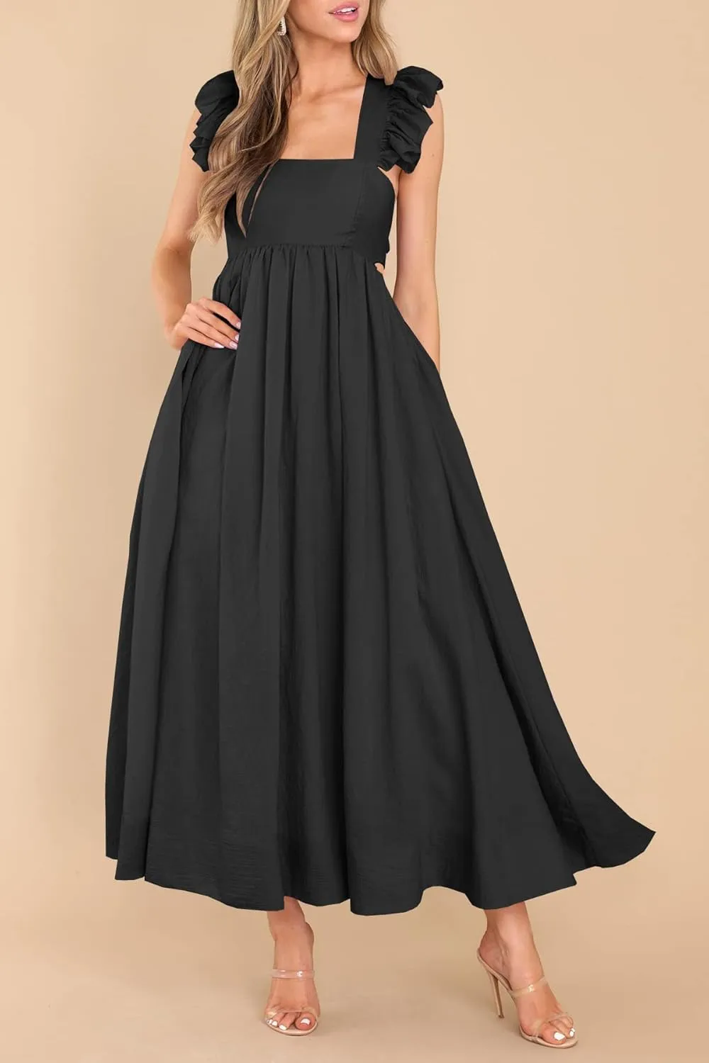 MITILLY Women's Summer Flutter Sleeve Square Neck Tie Back Casual Pleated A-Line Flowy Maxi Dress with Pockets