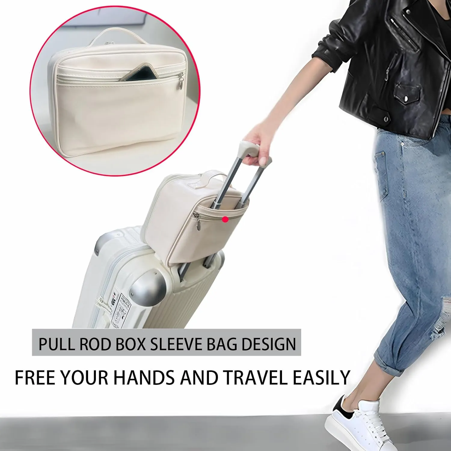 MKPCW Multifunctional Travel Makeup Bag Cosmetic Organizer with Removable Dividers, Brush Holder & Luggage Strap – Waterproof Large Capacity Toiletry Pouch for Women, Gym, Daily Use (White)
