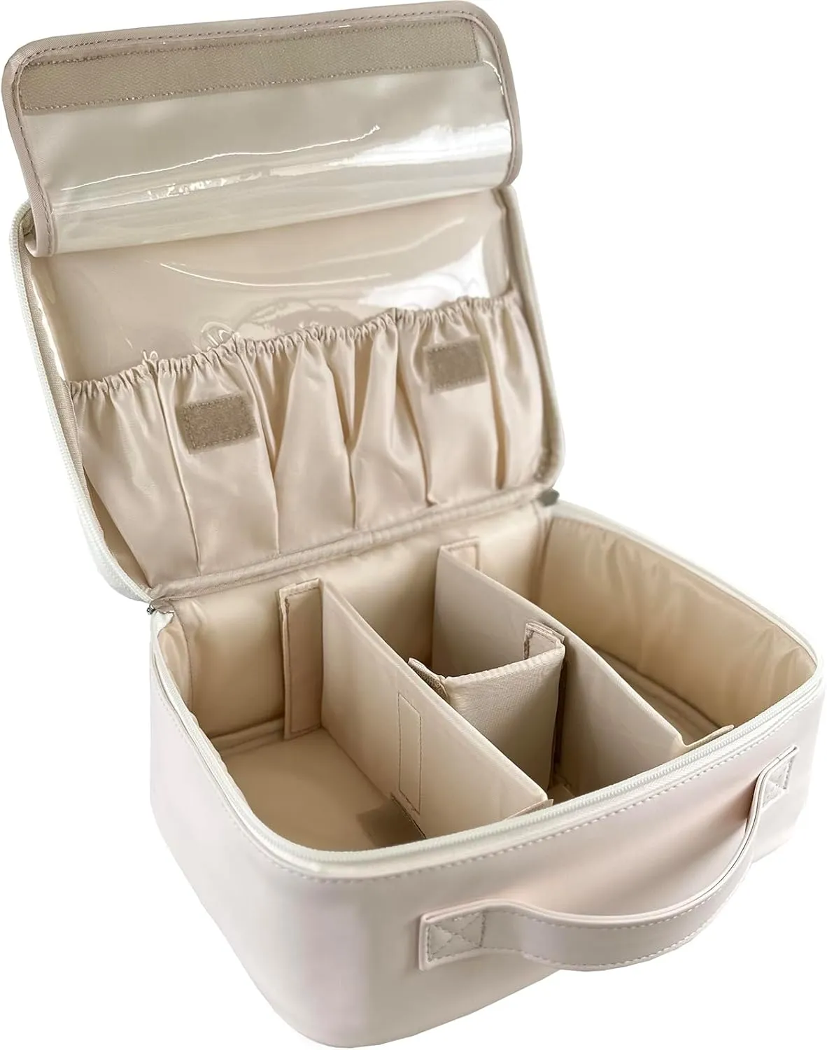 MKPCW Multifunctional Travel Makeup Bag Cosmetic Organizer with Removable Dividers, Brush Holder & Luggage Strap – Waterproof Large Capacity Toiletry Pouch for Women, Gym, Daily Use (White)