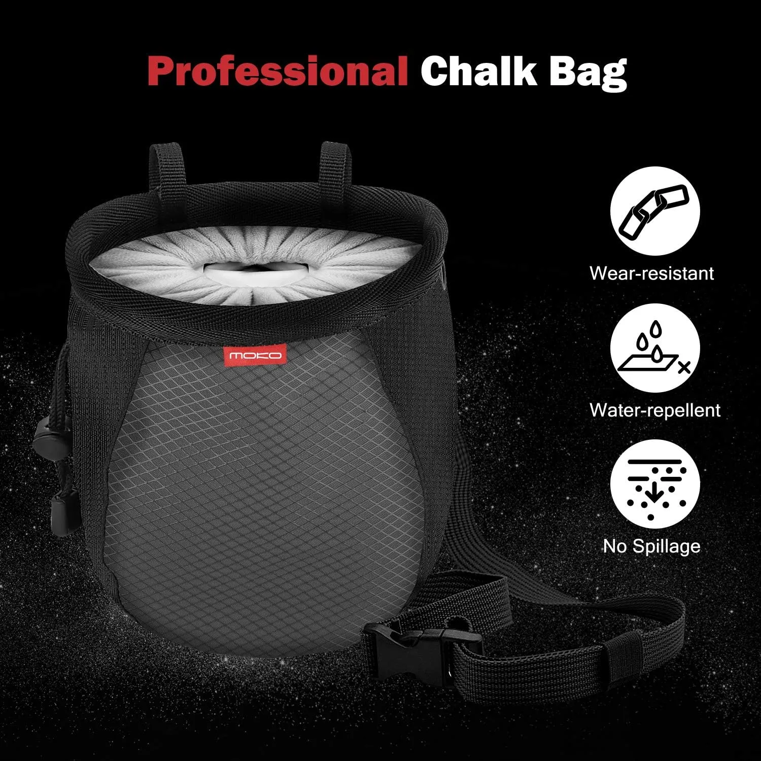 MoKo Rock Climbing Chalk Bag, Bouldering Chalk Pot Bucket with Adjustable Belt & Carabiner Drawstring Climbing Gear