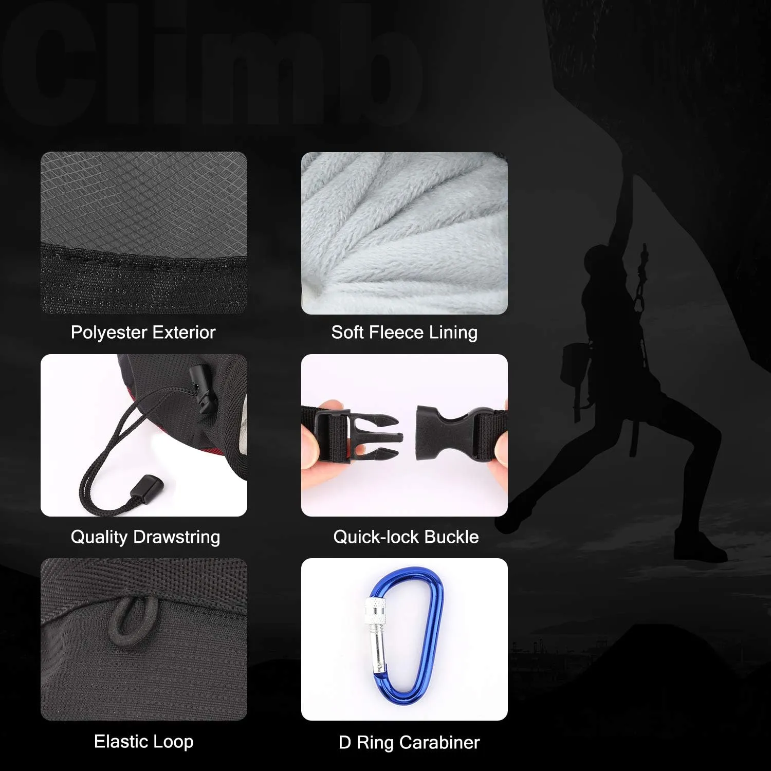 MoKo Rock Climbing Chalk Bag, Bouldering Chalk Pot Bucket with Adjustable Belt & Carabiner Drawstring Climbing Gear