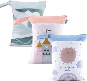 MOMIGO Wet Dry Bags for Baby Cloth Diapers - 3 Pack Reusable, Washable for Baby Stroller, Diaper Bag, Breast Pump Parts, Travel Bags, Gym Bag with 2 Pockets 11.8 * 15.7 inch (Castle&Sun)