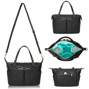 MOMINSIDE Small Leather Diaper Purse, Mini Crossbody Bag with 13 Pockets, Diaper Clutch for Women Mom, 2 Insulated Pockets (Black)