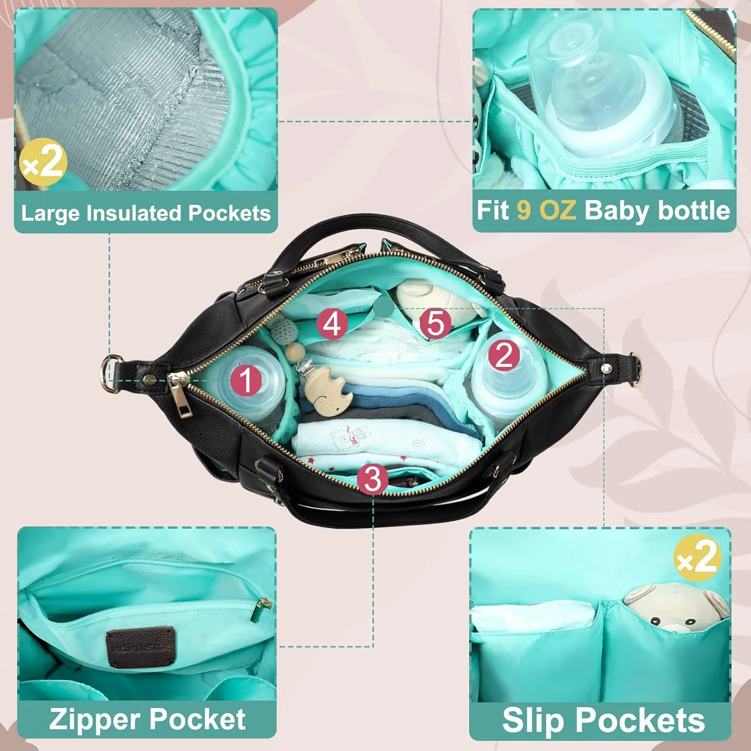 MOMINSIDE Small Leather Diaper Purse, Mini Crossbody Bag with 13 Pockets, Diaper Clutch for Women Mom, 2 Insulated Pockets (Black)