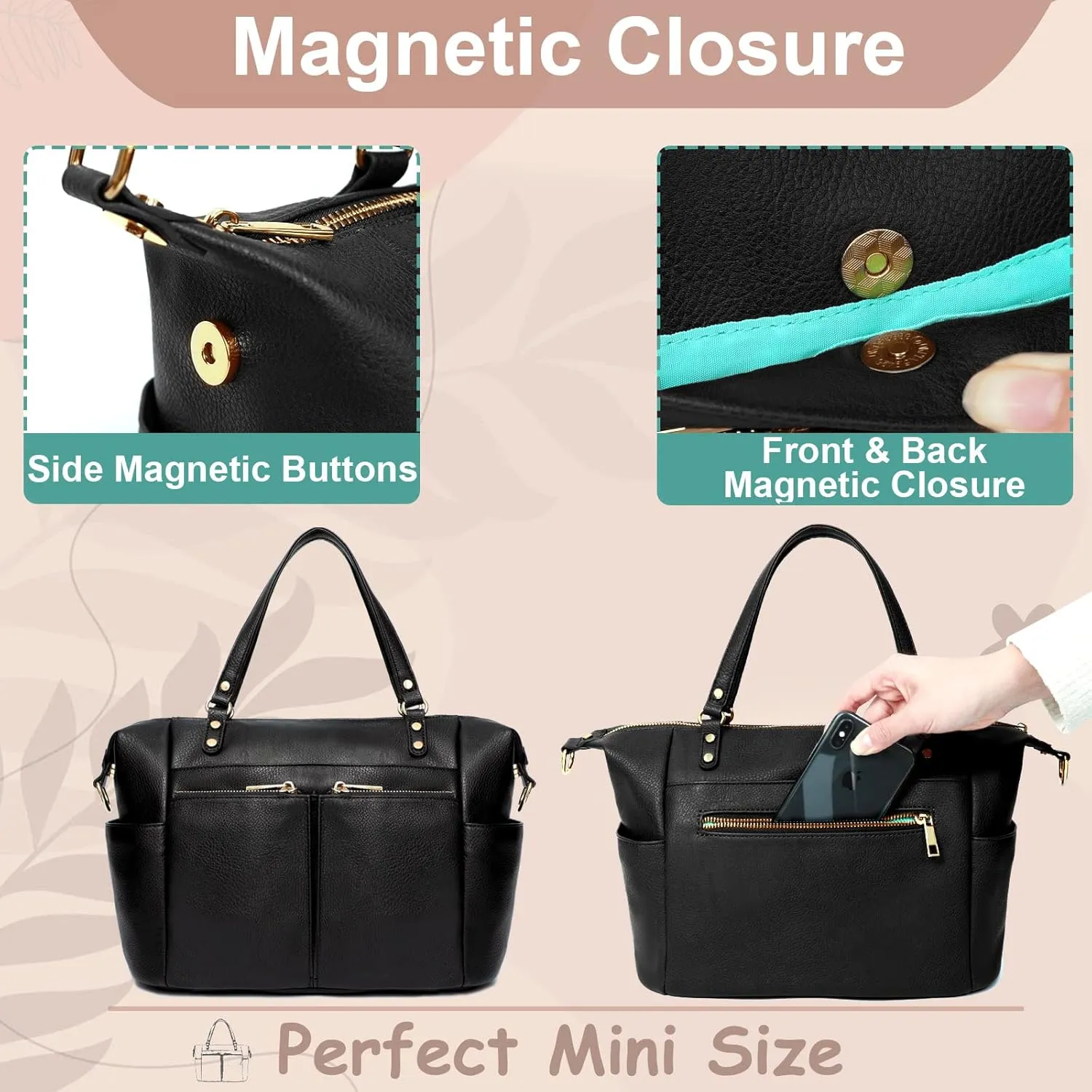 MOMINSIDE Small Leather Diaper Purse, Mini Crossbody Bag with 13 Pockets, Diaper Clutch for Women Mom, 2 Insulated Pockets (Black)