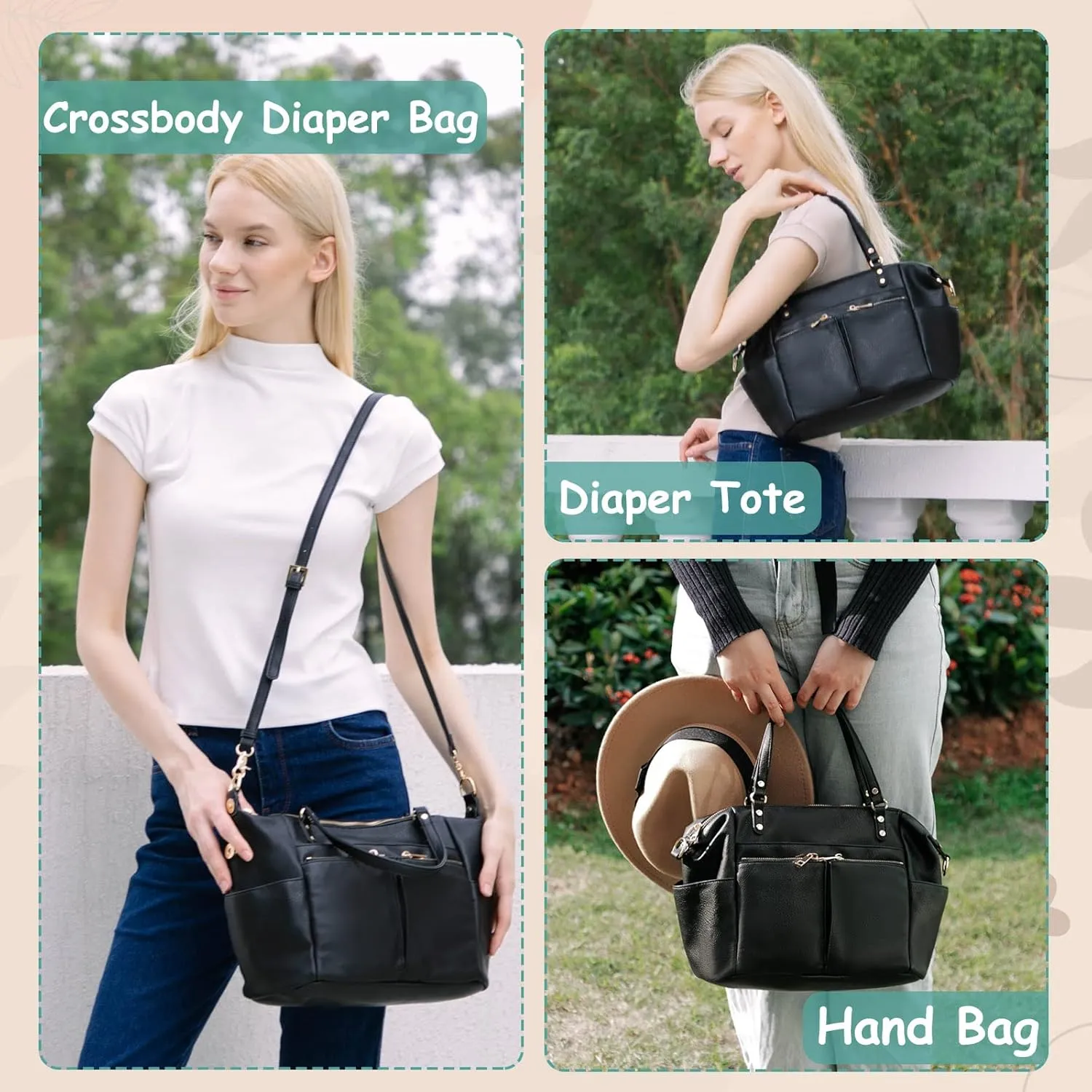 MOMINSIDE Small Leather Diaper Purse, Mini Crossbody Bag with 13 Pockets, Diaper Clutch for Women Mom, 2 Insulated Pockets (Black)