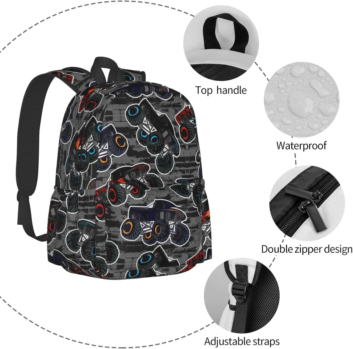 Monster Trucks Cars Pattern Laptop Backpack For Men Women, Lightweight Daypack Bookbag For Daily Commutes Business Travel Hiking