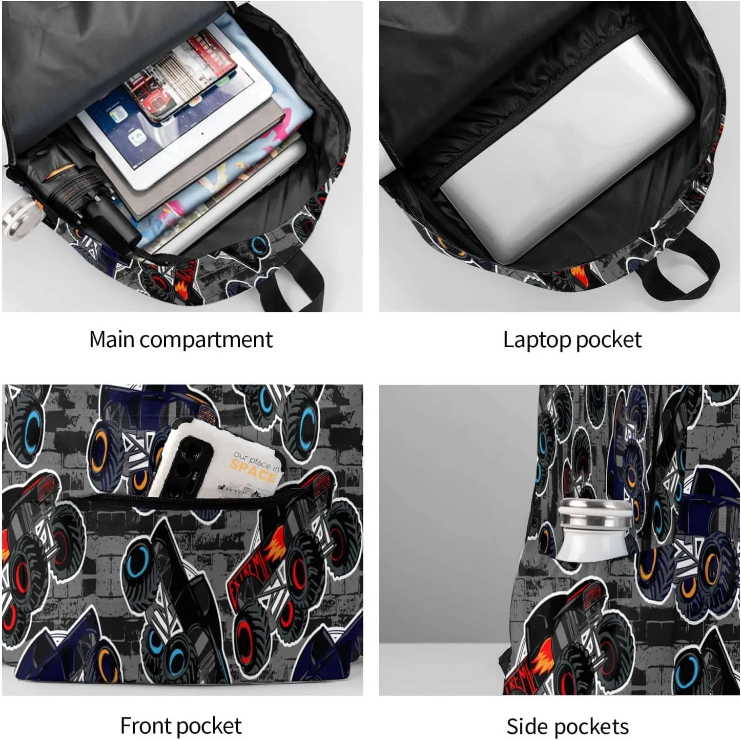 Monster Trucks Cars Pattern Laptop Backpack For Men Women, Lightweight Daypack Bookbag For Daily Commutes Business Travel Hiking