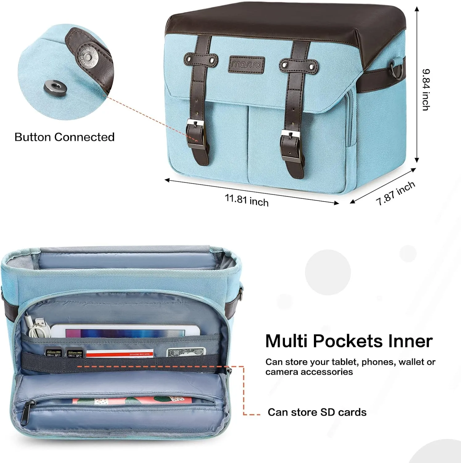 MOSISO Camera Case Crossbody Shoulder Messenger Bag, DSLR/SLR/Mirrorless Photography Vintage PU Leather Flap Gadget Bag with Rain Cover Compatible with Canon/Nikon/Sony Camera and Lens, Air Blue