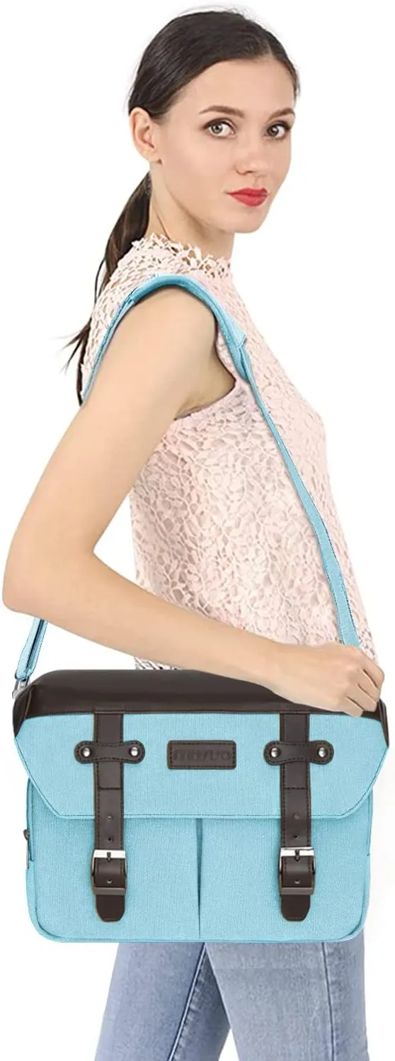 MOSISO Camera Case Crossbody Shoulder Messenger Bag, DSLR/SLR/Mirrorless Photography Vintage PU Leather Flap Gadget Bag with Rain Cover Compatible with Canon/Nikon/Sony Camera and Lens, Air Blue