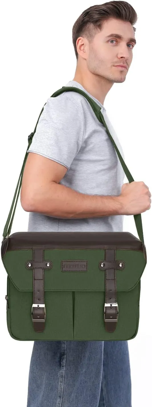 MOSISO Camera Case Crossbody Shoulder Messenger Bag, DSLR/SLR/Mirrorless Photography Vintage PU Leather Flap Gadget Bag with Rain Cover Compatible with Canon/Nikon/Sony Camera and Lens, Army Green