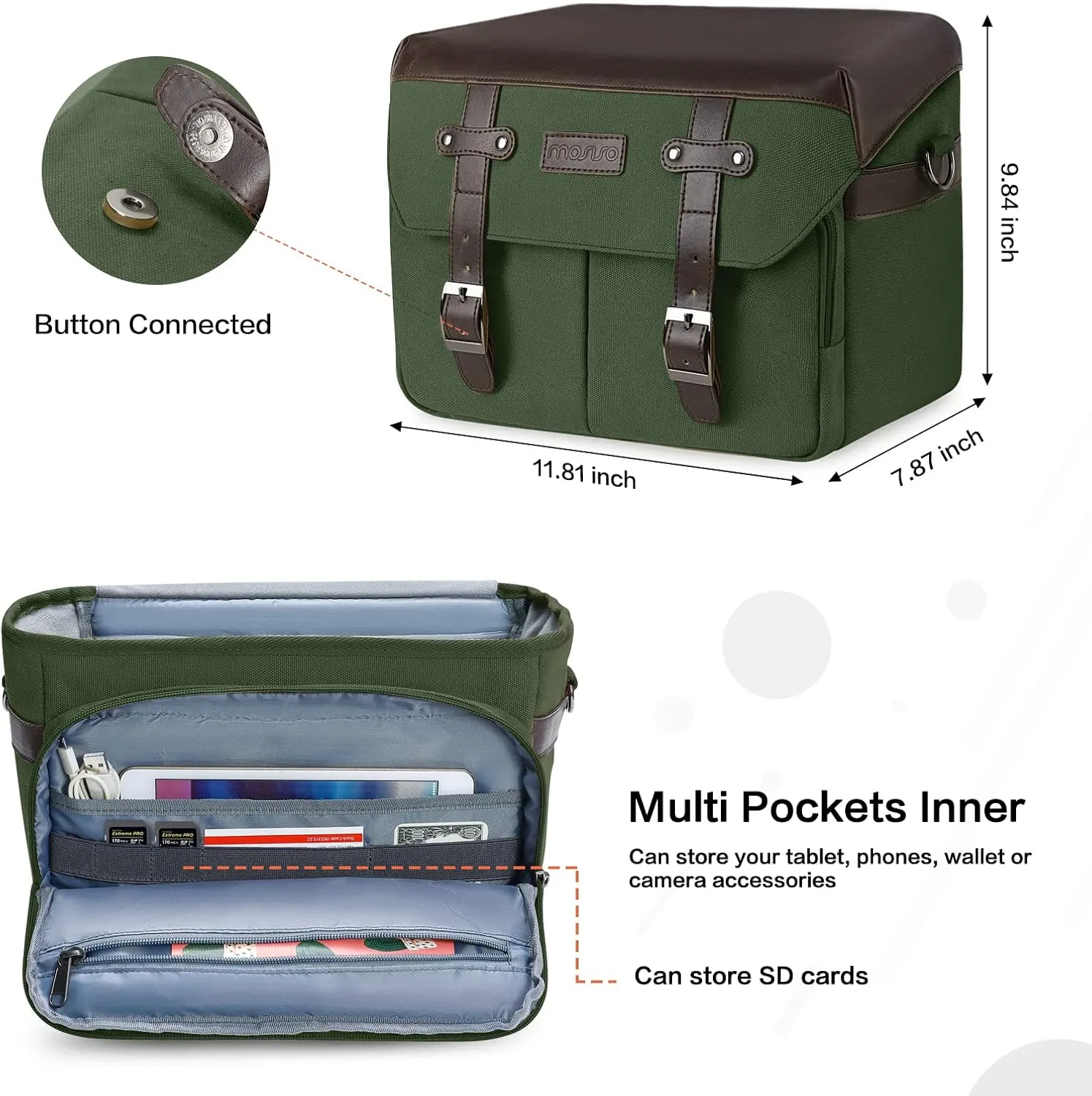 MOSISO Camera Case Crossbody Shoulder Messenger Bag, DSLR/SLR/Mirrorless Photography Vintage PU Leather Flap Gadget Bag with Rain Cover Compatible with Canon/Nikon/Sony Camera and Lens, Army Green