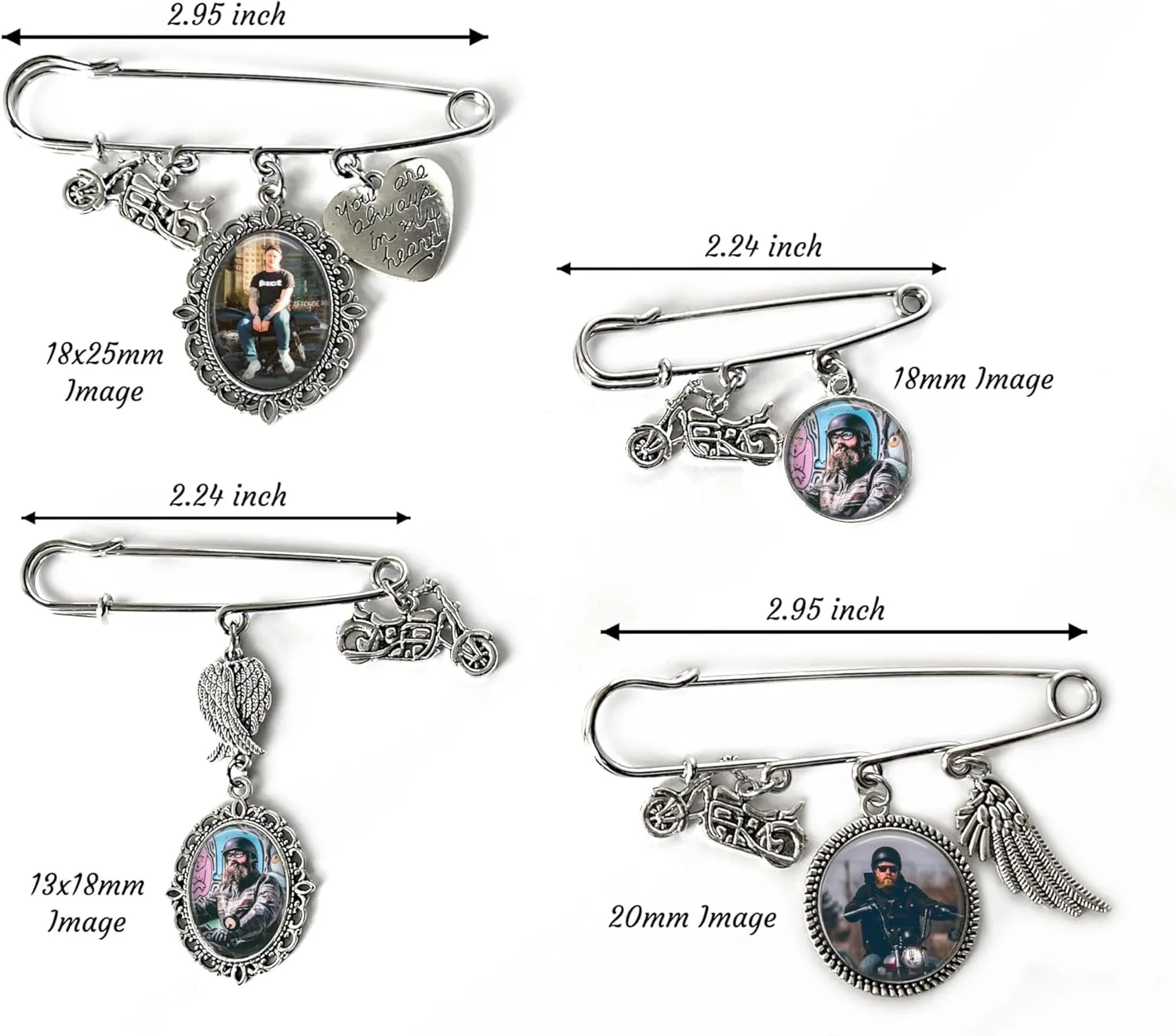 Motorcycle Memorial Photo Pin Brooch – Biker Remembrance Gift with Picture – Personalized Rider Tribute with Charms – Sympathy Keepsake for Loss of Loved One – 4 Styles Available