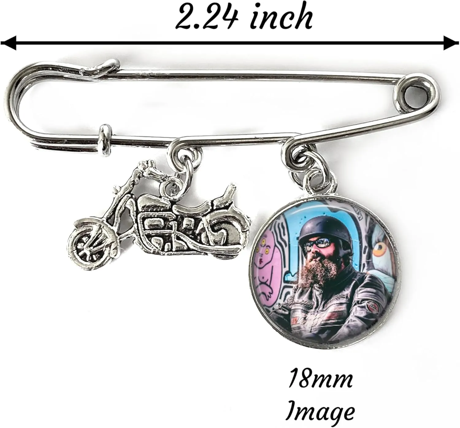 Motorcycle Memorial Photo Pin Brooch – Biker Remembrance Gift with Picture – Personalized Rider Tribute with Charms – Sympathy Keepsake for Loss of Loved One – 4 Styles Available
