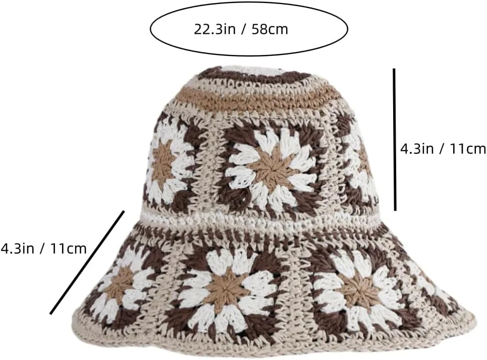 Multicolor Floral Crochet Straw Sun Hat, Foldable Wide Brim Bucket Hat, Packable Fishing Hat, Summer Beach Cap for Women