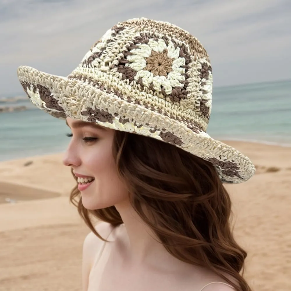 Multicolor Floral Crochet Straw Sun Hat, Foldable Wide Brim Bucket Hat, Packable Fishing Hat, Summer Beach Cap for Women