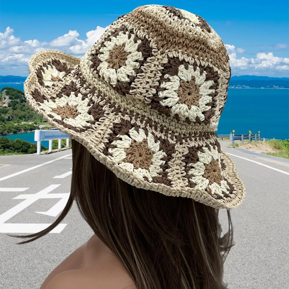 Multicolor Floral Crochet Straw Sun Hat, Foldable Wide Brim Bucket Hat, Packable Fishing Hat, Summer Beach Cap for Women