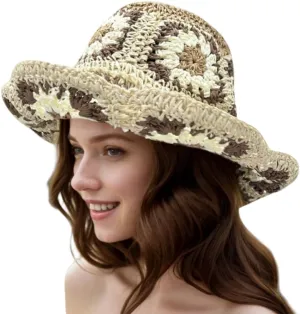 Multicolor Floral Crochet Straw Sun Hat, Foldable Wide Brim Bucket Hat, Packable Fishing Hat, Summer Beach Cap for Women