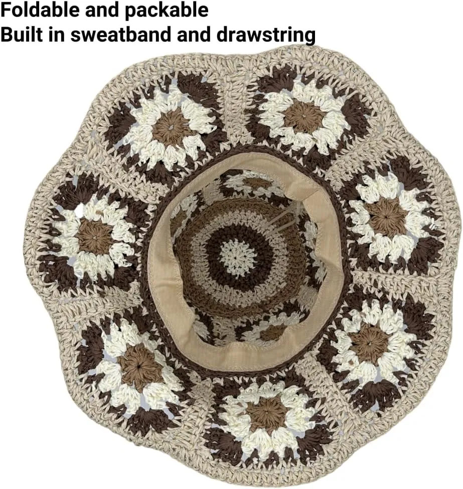 Multicolor Floral Crochet Straw Sun Hat, Foldable Wide Brim Bucket Hat, Packable Fishing Hat, Summer Beach Cap for Women