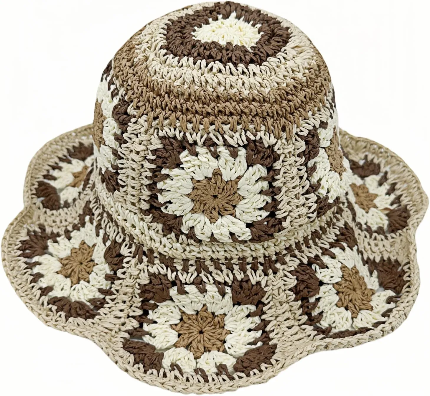 Multicolor Floral Crochet Straw Sun Hat, Foldable Wide Brim Bucket Hat, Packable Fishing Hat, Summer Beach Cap for Women