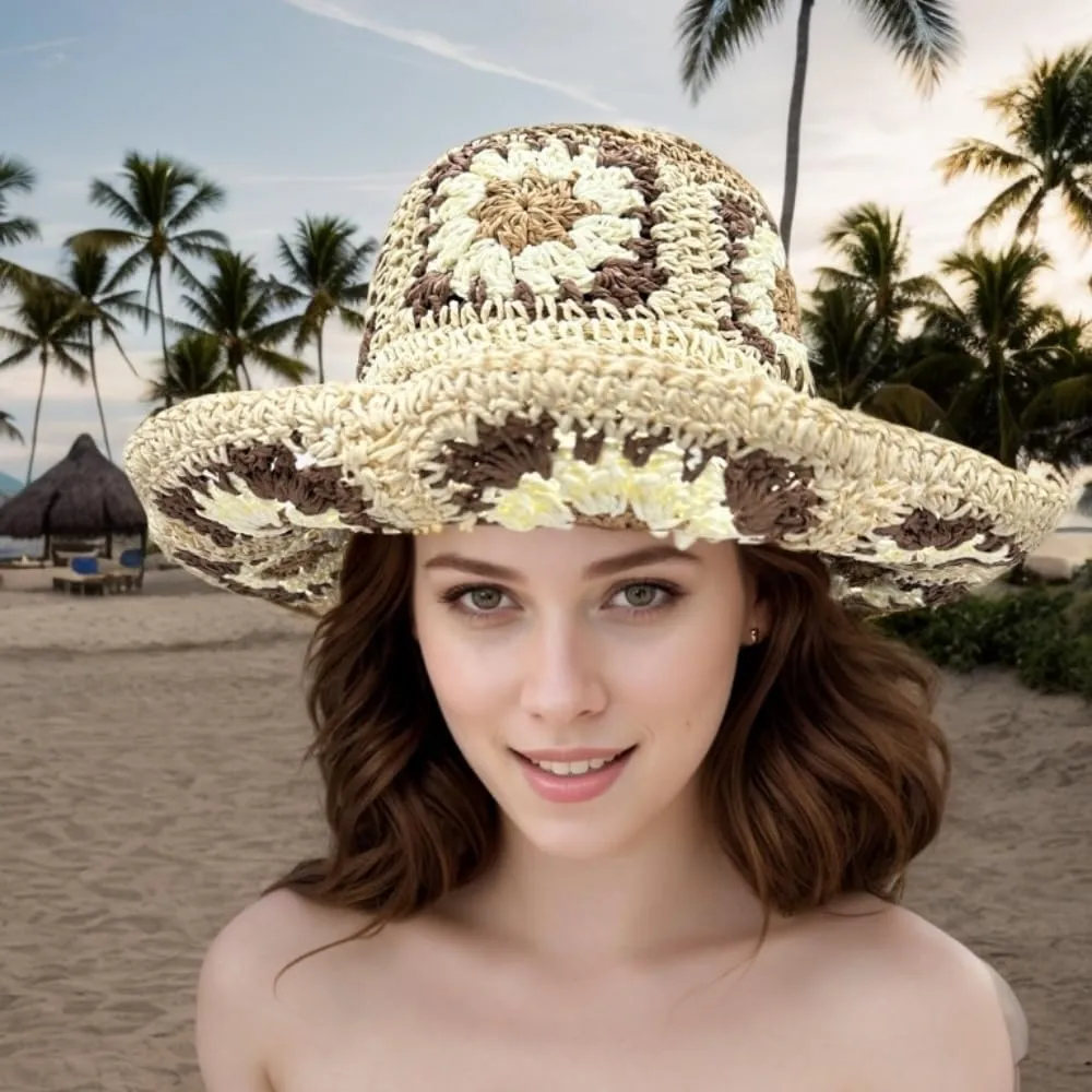 Multicolor Floral Crochet Straw Sun Hat, Foldable Wide Brim Bucket Hat, Packable Fishing Hat, Summer Beach Cap for Women