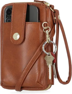 Mundi Jacqui RFID Blocking Crossbody Wallet Bag for Women, Compact Travel Size Cell Phone Holder Purse Vegan Leather, Brown Sugar