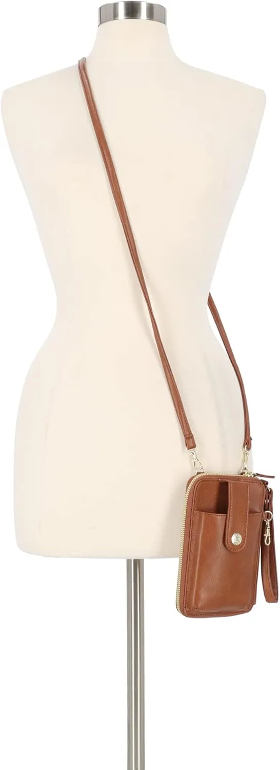 Mundi Jacqui RFID Blocking Crossbody Wallet Bag for Women, Compact Travel Size Cell Phone Holder Purse Vegan Leather, Brown Sugar