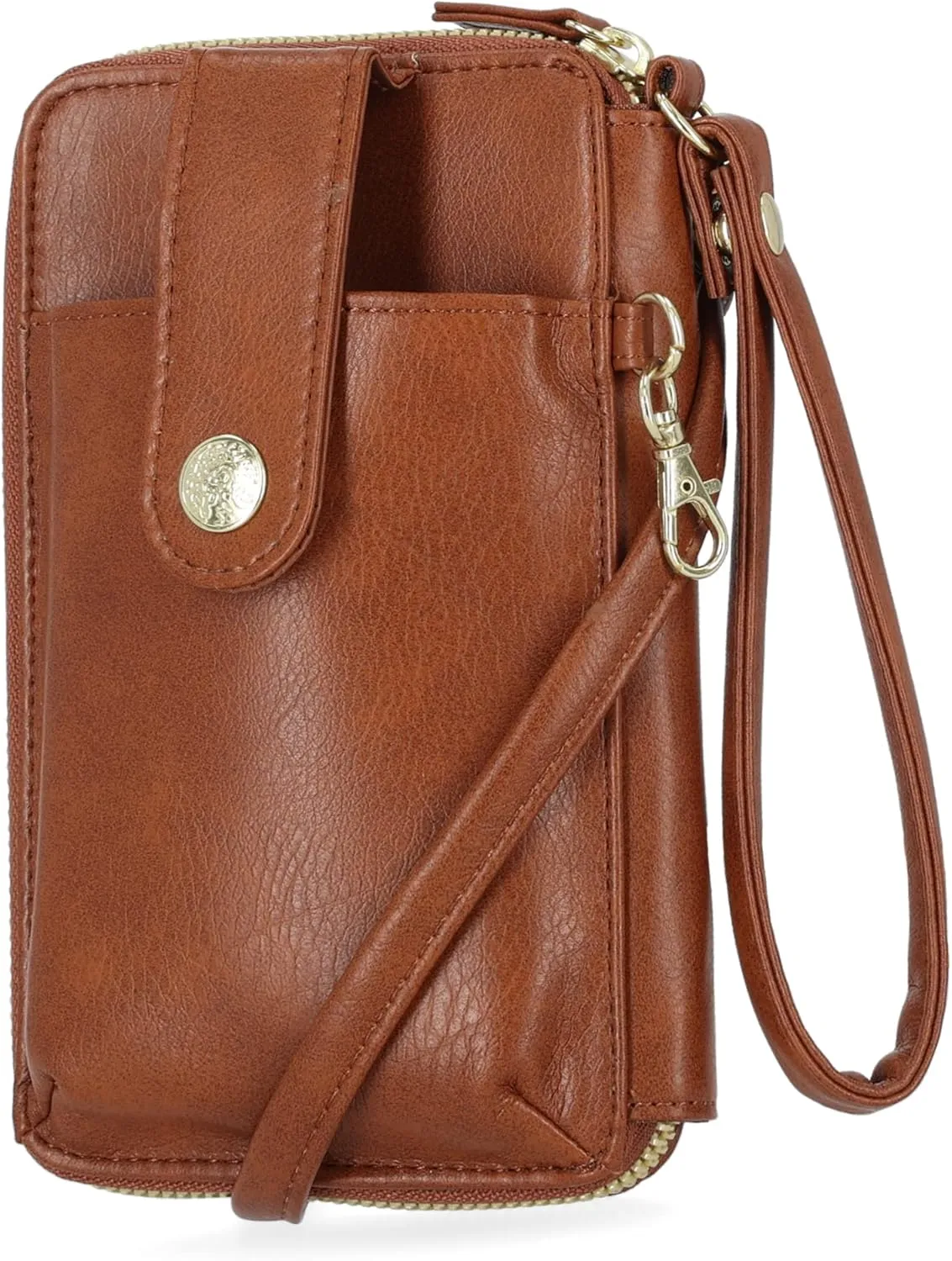 Mundi Jacqui RFID Blocking Crossbody Wallet Bag for Women, Compact Travel Size Cell Phone Holder Purse Vegan Leather, Brown Sugar