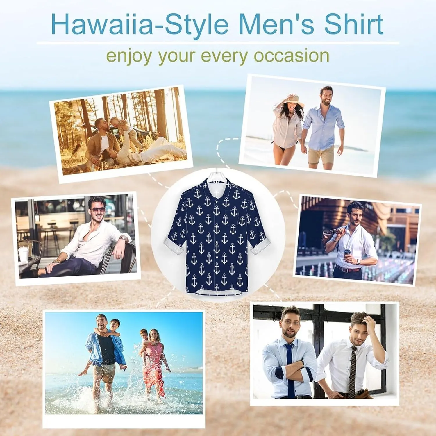 Naby Blue Anchor Men's Shirts Long Sleeve Button Down Beach Shirt Casual T-Shirt Tee Top