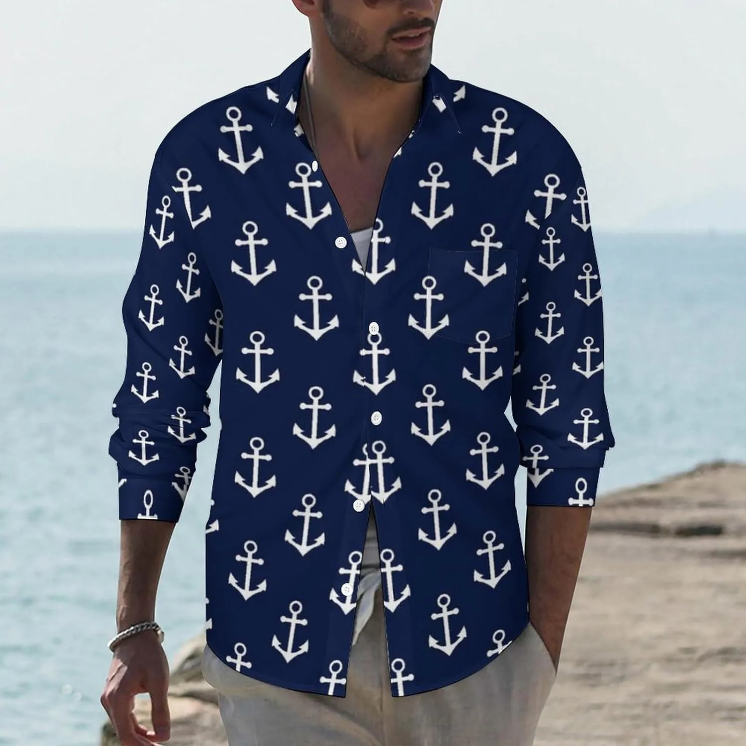Naby Blue Anchor Men's Shirts Long Sleeve Button Down Beach Shirt Casual T-Shirt Tee Top