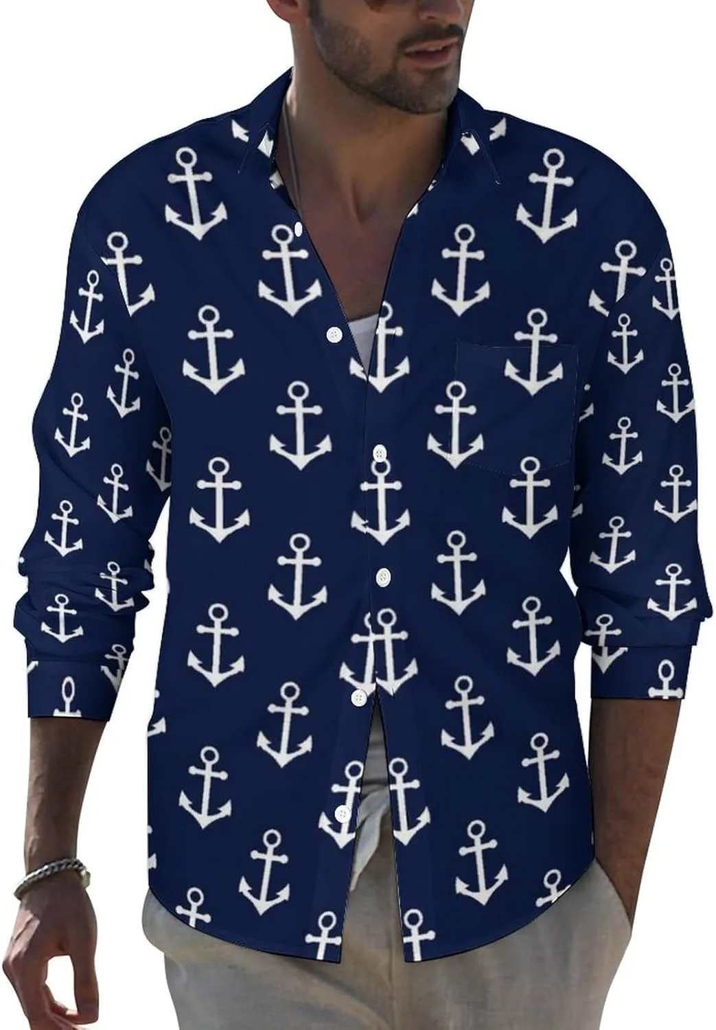 Naby Blue Anchor Men's Shirts Long Sleeve Button Down Beach Shirt Casual T-Shirt Tee Top