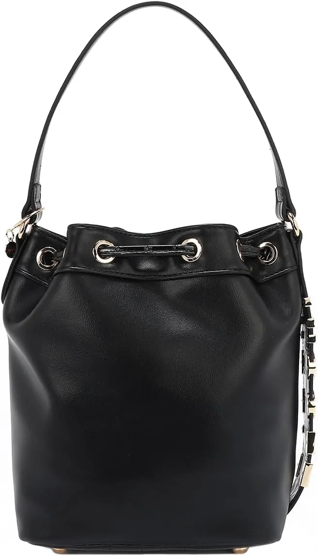 Nicole Lee Bucket Bag, Vegan Leather, Faux Croc Accents, Drawstring Closure