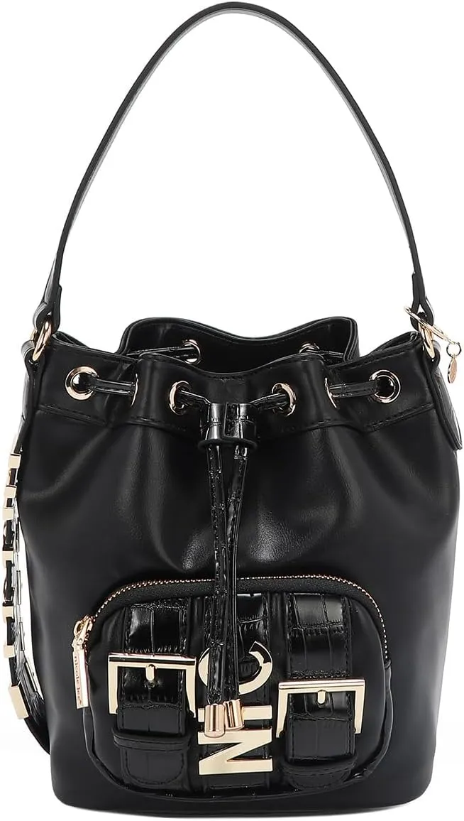 Nicole Lee Bucket Bag, Vegan Leather, Faux Croc Accents, Drawstring Closure