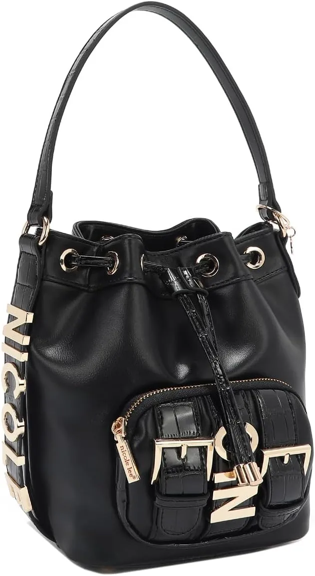 Nicole Lee Bucket Bag, Vegan Leather, Faux Croc Accents, Drawstring Closure